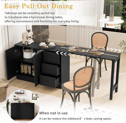 Merax Wood Farmhouse Buffet Sideboard with with Extendable Table, Multifunctional Coffee Bar Cabinet with 2 Doors and 3 Drawers for Living Room Bedroom Kitchen Black