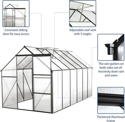 6x12 FT Polycarbonate Greenhouse with Raised Base and Anchor Aluminum,Heavy Duty Walk-in Green Houses,w/ Drainage System & Adjustable Roof/Sliding Door,for Outdoor Backyard,Black