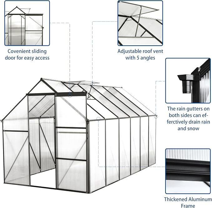 6x12 FT Polycarbonate Greenhouse with Sliding Door and Adjustable Roof, Heavy Duty Aluminum Walk-in Greenhouses w/ Raised Base for Outdoor Garden Backyard,Black