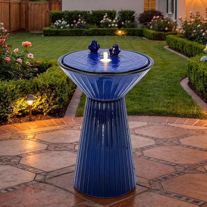 AUTODAYA 28" Ceramic Outdoor Water Fountain LED Birdbath, Cobalt Blue | reactive glaze finish, bird accents, patio garden porch Backyard