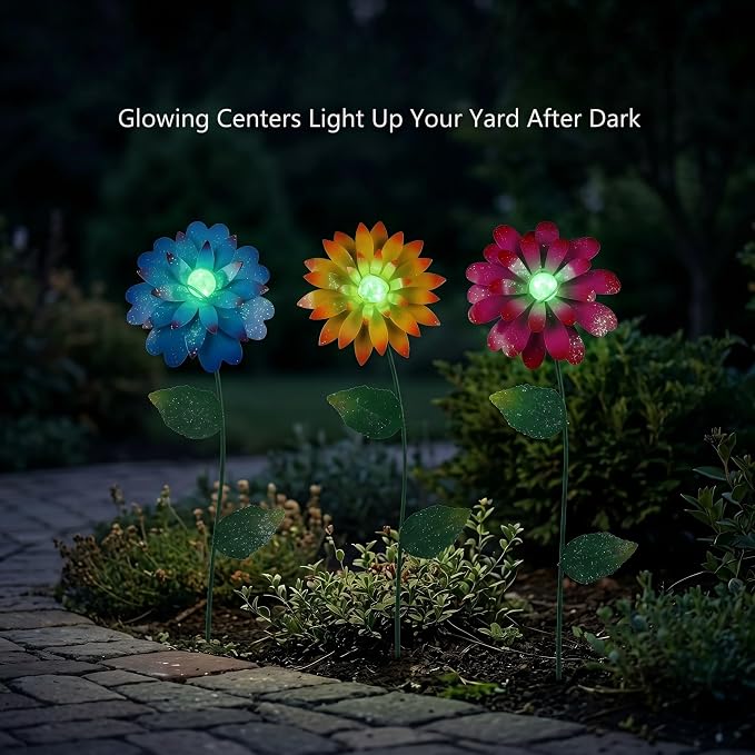 Garden Decor for Outside, 3 Pack Metal Flower Garden Stakes with Glow Beads, Swaying Yard Art for Lawn, Patio, Flower Beds & Outdoor Garden Decorations