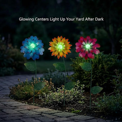 Garden Decor for Outside, 3 Pack Metal Flower Garden Stakes with Glow Beads, Swaying Yard Art for Lawn, Patio, Flower Beds & Outdoor Garden Decorations