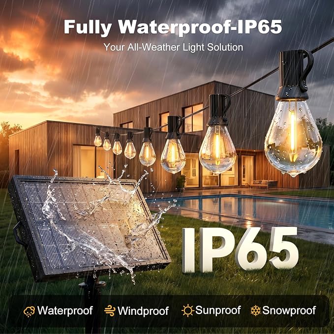 100FT Solar String Lights Outdoor, IP65 Waterproof Shatterproof LED Bulbs, Solar & USB Dual Powered, 20+ Hrs Long Lasting, Hanging Lights for Patio, Backyard, Garden, Wedding, Party Decor