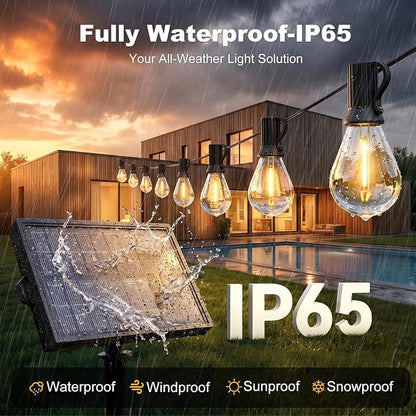 100FT Solar String Lights Outdoor, IP65 Waterproof Shatterproof LED Bulbs, Solar & USB Dual Powered, 20+ Hrs Long Lasting, Hanging Lights for Patio, Backyard, Garden, Wedding, Party Decor