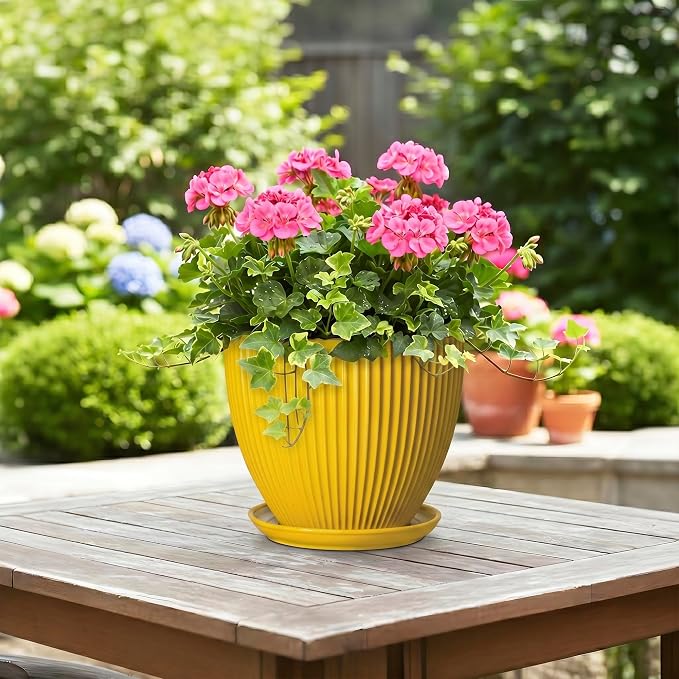 8 Inch Pots for Plants, Ceramic Plant Pots for Indoor Plants, Round Ceramic Planter with Drainage Hole and Saucer, Modern Decorative Plant Pot, Home Kitchen Decor, Women Men Gifts, Yellow