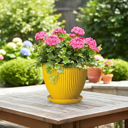 8 Inch Pots for Plants, Ceramic Plant Pots for Indoor Plants, Round Ceramic Planter with Drainage Hole and Saucer, Modern Decorative Plant Pot, Home Kitchen Decor, Women Men Gifts, Yellow
