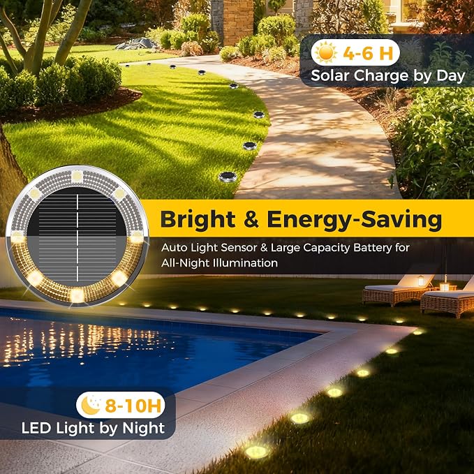 4 Pack Solar Ground Lights Outdoor, 8 LED Mini Flat Solar Disc Lights, IP65 Waterproof Pathway Lights Solar Powered, Landscape Lighting for Garden Walkway Driveway Yard Lawn,Warm White