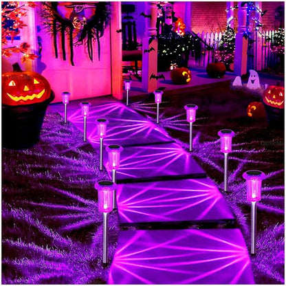 DenicMic Solar Halloween Lights Outdoor 10 Pack Purple LED Halloween Decor | Yard Garden Pathway Walkway Patio Lawn, Spike Style Starburst Pattern, Acrylic/Stainless Steel Halloween Decorations Outdoor