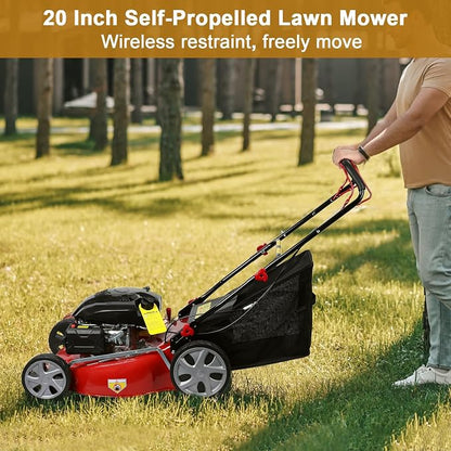 Self Propelled Gas Lawn Mower, 141cc 4-Stroke Engine with 20 Inch Deck & 50L Grass Bag, Walk Behind Lawn Mower, 7 Height Adjustments & Foldable Handle for Home Yard Red