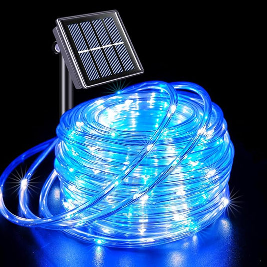 JMEXSUSS 66ft 200 LED Blue and White Solar Rope Lights for Christmas Decor | IP 65 Outdoor Waterproof Christmas Rope Lights with 8 Modes, Solar Christmas Lights for Fence Yard Walkway Christmas