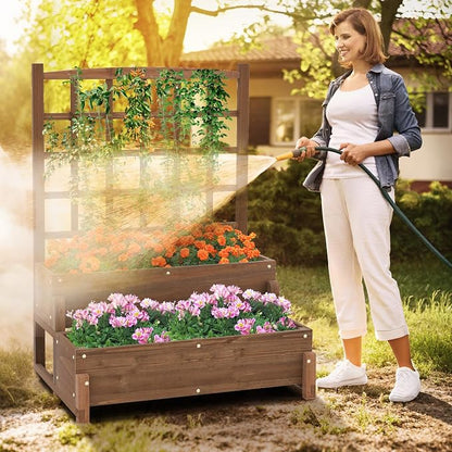 2-Tier Raised Garden Bed with Trellis, Wooden Elevated Planter Box with Legs, Hemp Rope & Drainage Holes, Raised Plant Bed for Backyard, Garden, Lawn