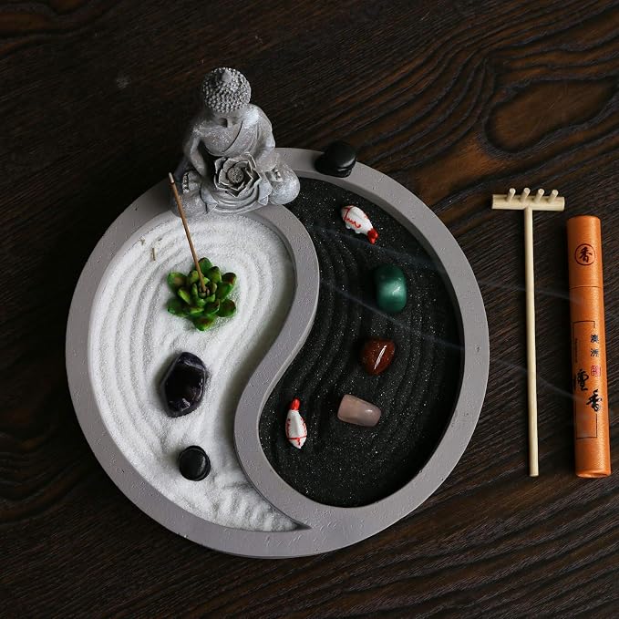 BangBangDa Mini Zen Garden Kit for-Desk - Yin Yang Crystal Sand Rock Garden with Zen Rake Buddha Statue Healing Stones White Sand, Japanese Meditation Gift Set for Home Office Desktop Fidget Toys