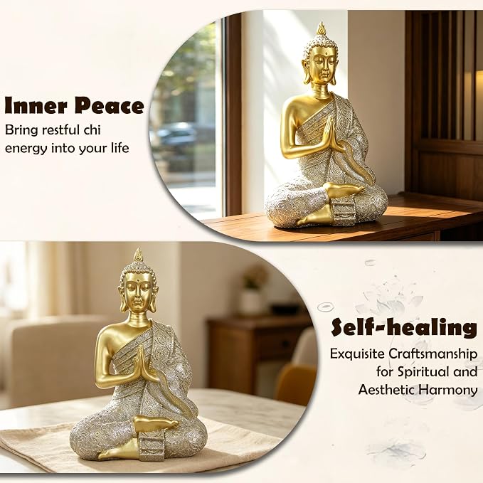 Gold Sitting Buddha Statue Decor Meditation Gifts Zen Art Indoor Statue | YOUERDA; Buddha Statues Yoga Meditation Room Home Decor Indoor, Buddhist Art Zen Sculptures Gifts for Mom