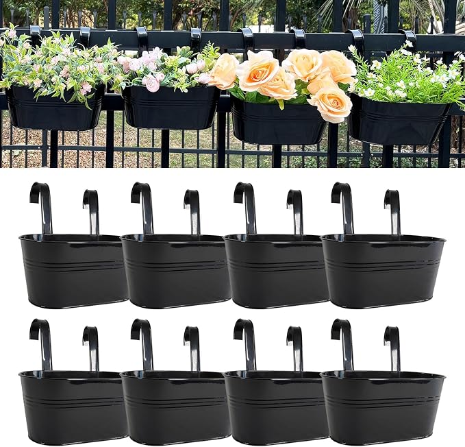 12" Balcony Railing Planters, Outdoor Hanging Planter for Fence, Stylish Metal Porch Deck Flower Pot for Herbs & Succulents (Black, Pack of 8)