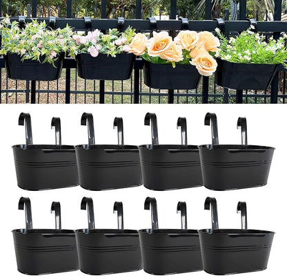 12" Balcony Railing Planters, Outdoor Hanging Planter for Fence, Stylish Metal Porch Deck Flower Pot for Herbs & Succulents (Black, Pack of 8)