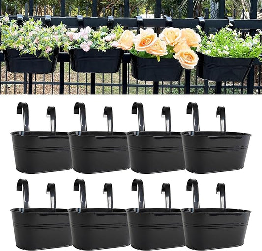 12" Balcony Railing Planters, Outdoor Hanging Planter for Fence, Stylish Metal Porch Deck Flower Pot for Herbs & Succulents (Black, Pack of 8)
