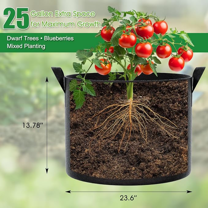 FEED GARDEN 25 Gallon Grow Bags, 8 Pack, Heavy Duty 300G Fabric Pots | 300G breathable fabric grow bags with reinforced handles for vegetables, flowers, herbs, fruit trees, and outdoor gardening.