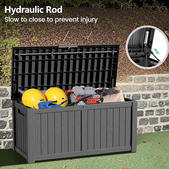 Zapdos Outdoor Storage Box, 120 Gallon Deck Box with Stainless Steel Rods, Waterproof Large Resin Storage Bin for Patio Cushions Garden Tools, Lockable Outside Storage Box, Black