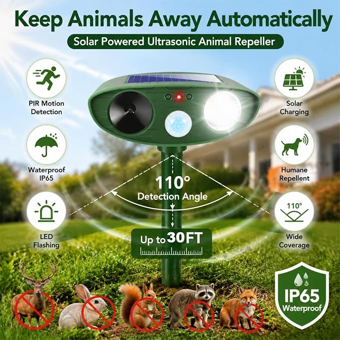 4 Pack Upgraded Sonic Deer Repellent Devices,Solar Ultrasonic Animal Repeller Outdoor for Racoons,Squirrels,Cats,Rabbits,Skunks & Foxes,Waterproof Motion Sensor Animal Deterrent for Garden Yard