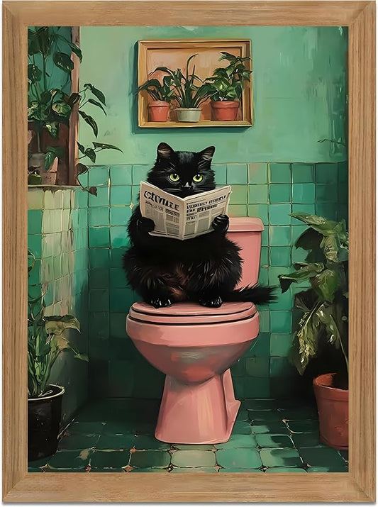 Funny Bathroom Wall Art Black Cat bathroom decor, funny Cat Bathroom Decor Canvas Print, funny Animal bathroom Wall Decor Framed Artwork for Bathroom Home 8x10 Inch