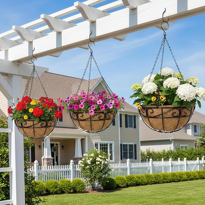 EIMQUVW Outdoor Metal Hanging Planters Basket (4pack, 14 inch) Hanging Baskets for Plants Chain Round Wire Plant Holder with Coco Fiber Liners for Garden, Patio, Deck, Porch(Flower Border)