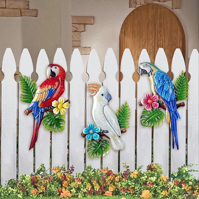 Limygus 3 Pcs Tropical Vivid Parrots on Branch Metal Wall Art, Indoor Outdoor Hanging Decor for Garden Fence Patio Courtyard