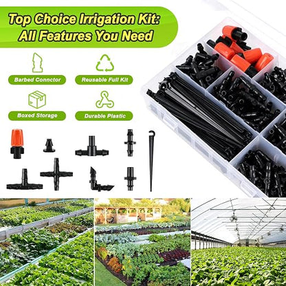 250 Pcs 1/4 Inch Drip Irrigation Fittings Kit, Complete Barbed Connectors Set for 1/4" Tubing - Includes Nozzles, Nozzle Tees, Single Barbs, Couplings, Tees, Elbows, Plugs, Crosses, Stakes