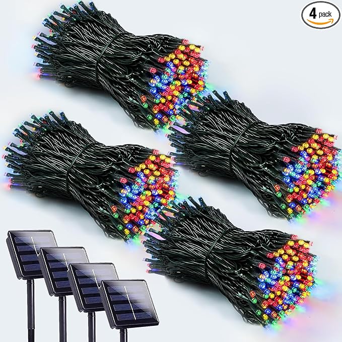 Solar Christmas Lights Outdoor 4 Pack 400 LED Solar String Light Multicolor | 8 Lighting Modes, Memory Function, Auto On/Off, 132FT Waterproof Twinkle Lights for Outside Porch Fence Balcony Decorations