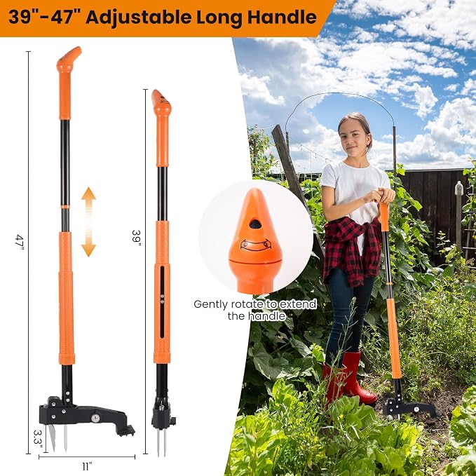 Weed Puller Tool, 39"- 47" Heavy Duty Stand Up Weed Puller Adjustable Long Handle, 4-Claw Steel Head, Easy-Eject Mechanism Weed Remover Tool for Garden Lawn, Remove Weeds Without Bending