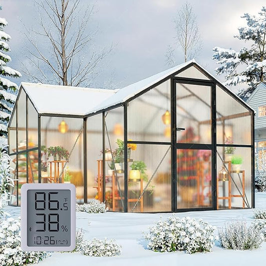 12X12FT Enhanced Aluminum Large Greenhouse for Outdoors with Thermometers | Easy Assembly, UV-Resistant Panel, Rain Gutter, Lockable Sliding Door, Built-in Reinforcement, For Vegetable, Flower and Herb