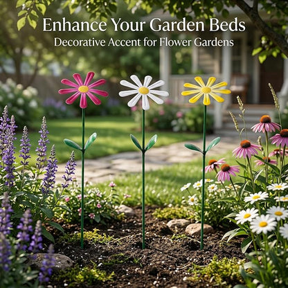 Topadorn Set of 3 Metal Daisy Garden Stakes, Decorative Flower Garden Stakes for Planters, Flower Beds, Lawn & Patio, 14.5 Inch