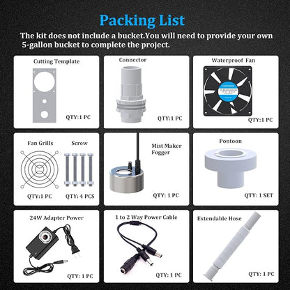 19L Large DIY Humidifier Kit - for Plants, Mushrooms, Grow Tents, Terrarium | Turns a 5 Gallon Bucket into Cool Mist Humidifier, Extendable Hose, High Output, Long Runtime (1-Fogger, Normal Mist)