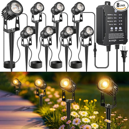 Plug and Play Low Voltage Landscape Lighting Kit, 8-Pack Wired Landscape Lights with Smart Transformer, Warm White Waterproof Outdoor LED SpotLights for Yard, Garden, Pathway, Tree