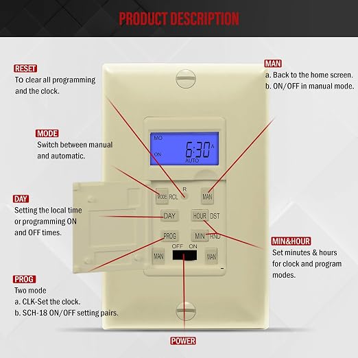 Enerlites 7 Days Digital in-Wall Programmable Timer Switch for Lights, Fans, and Motors, Single Pole, Neutral Wire Required, 7-Day 18 ON/Off Timer Settings, with Blue Backlight, HET01, Ivory