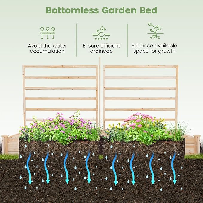 Giantex Raised Garden Bed with 3 Trellises, 88"x45"x43" Wooden Planter Box with 2 Growing Section, Outdoor Elevated Garden Bed for Vegetables Flowers Herbs & Climbing Plants Cucumber, Easy Assembly