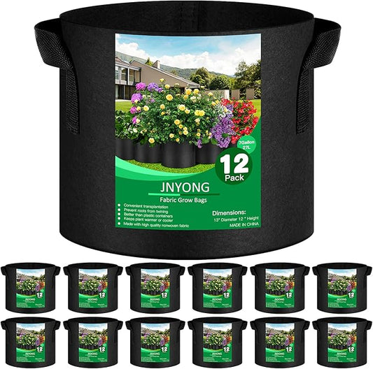 JNYONG 12-Pack 7 Gallon Thickened Non-Woven Grow Bags, Aeration Fabric Pots with Handles