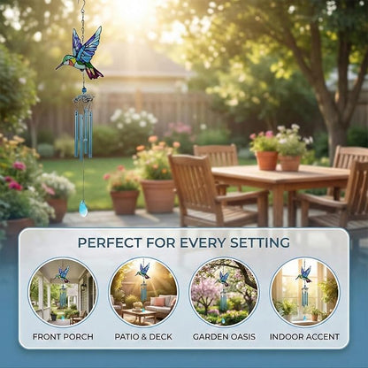 Wind Chimes for Outside, Blue Stained Glass Hummingbird Wind Chime, Deep Tone Memorial Gifts for Women Mom Grandma, Durable Metal Garden Patio Yard Window Decoration