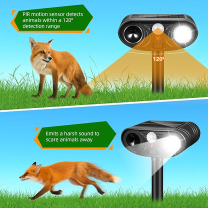 2026 Upgraded Solar Ultrasonic Animal Repellent Deer Cat Squirrel Deterrent Devices Motion Activated with LED Strobe Light Repeller Keep Dog Raccoon Skunk Rabbit Away from Yard Garden Farm 4 Pack