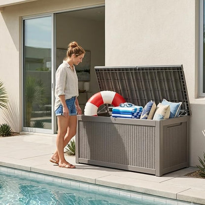 Outdoor Storage Box, 320 Gallon Waterproof Deck Box [Upgraded 3.0], Dual Gas-Spring Ultimate Resin Organizer for King Cushions, Heavy-Duty Lockable Estate Storage Bench, Backyard BBQ, Grey