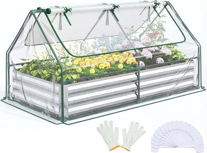 Quictent Raised Garden Bed with Cover Outdoor Galvanized Metal Planter Box Kit, w/ 2 Large Screen Windows Mini Greenhouse 20pcs T Tags 1 Pair of Gloves Included for Growing Vegetables 6x3x1ft (Clear)