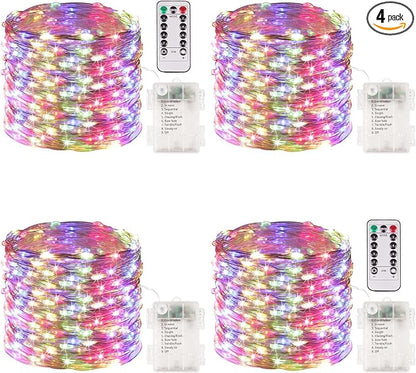 4 Pack Fairy Lights Battery Operated with Remote 33FT 100 LED Multicolor | Remote Control, 8 Modes, Timer, Adjustable brightness, Waterproof Lights for Indoor Outdoor Classroom Christmas Decor