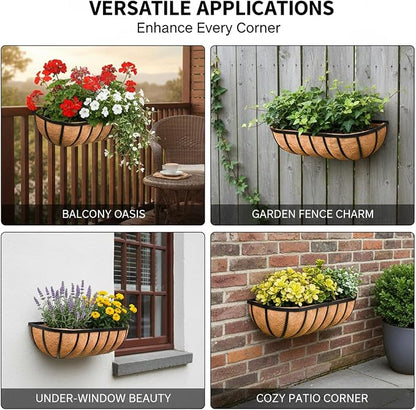 16“ Window Box Railing Planter with Coco Liner Metal Wall-Mounted Coconut Liner Planter Basket English Horse Trough Planters for Outdoor Deck Balcony Porch Fence Patio Black (2 Pack)