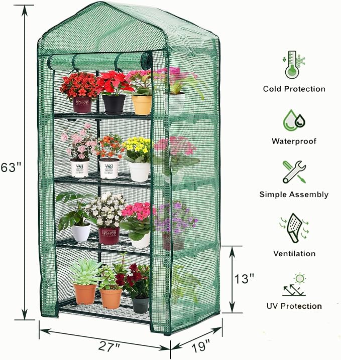 Purlyu Mini Greenhouse for Indoor Outdoor,Plant Green House 4-Tier Rack Stand Portable Greenhouses with Durable PE Cover for Seedling, 2.5x1.6x5.2 FT Ideal Gardening Gifts for Women Men(PLGH704G)