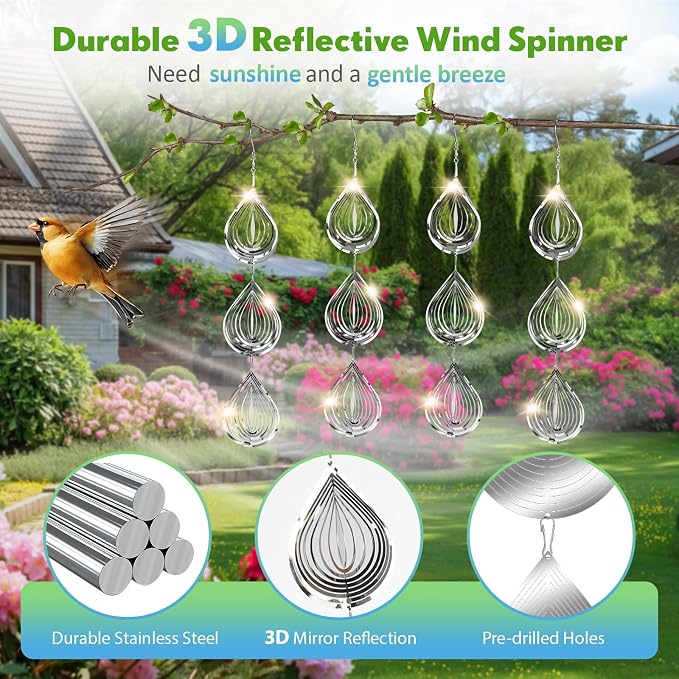 Bird Deterrents for Outside, 12 Discs Stainless Steel 3D Wind Spinners Garden Decor, 4 Sets Reflective Bird Scare Devices to Keep Woodpeckers, Pigeons Away from Patio, Balcony, Porch, Deck