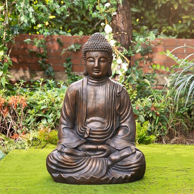 Glitzhome 29.5-inch Zen Meditation Buddha Garden Statue, Bronze Oversized Tall Large Indoor and Outdoor Sculpture, Hand-Finished MGO & Fiberglass Decor for Home Patio Yard