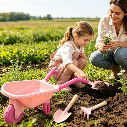 Kids Gardening Set with Wheelbarrow, Metal Kid Gardening Tools Set with Long Handle Tool, Hand Tool & Gloves, Backyard Gardening Tools for Kids Outdoor Play Birthday Gifts