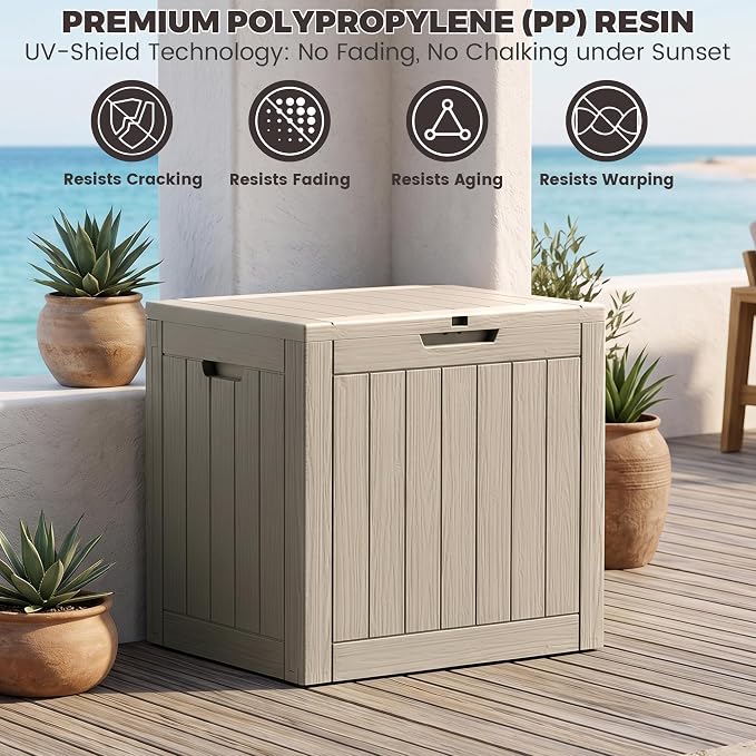 Outdoor Storage Box, 35 Gallon Waterproof Deck Box [Upgraded 3.1], Tool-Free Resin Storage for Patio Cushions, Balcony Pool Toys, Lockable Outside Side Table Ottoman, Balcony, Grey