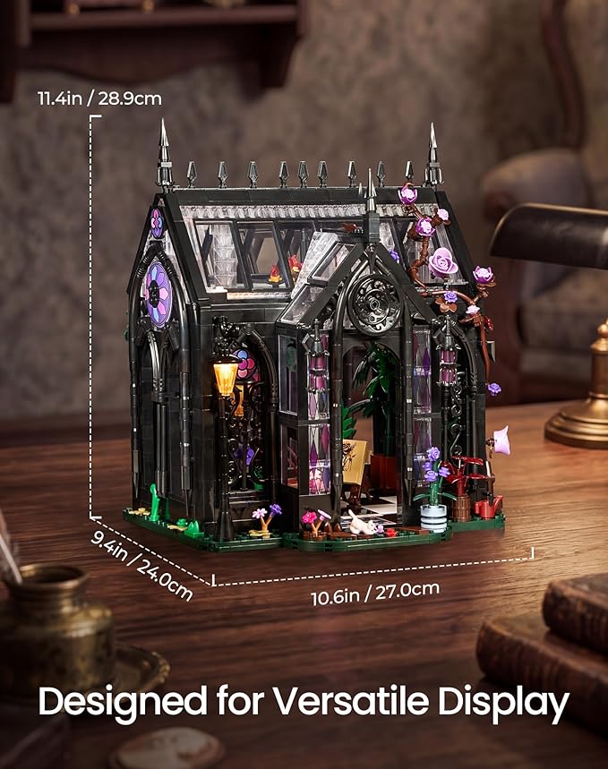 Gothic Greenhouse Building Set with Lights, Architecture Model with Stained Glass & Rose Vines, Botanical Garden Display with Flowers & Plants, Gothic Decor Building Blocks Gift for Adults 1378 Pieces