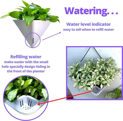 LaLaGreen Wall Planter (12in, 4 Pack) Large Indoor Self Watering Flower Pot | White and Gray Mixed Color Geometric Vertical Garden Plant Wall Hanging Vase Vessel with Black Metal Hanger Modern Stylish