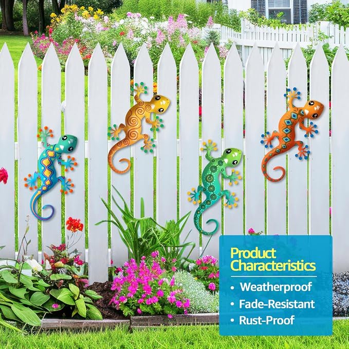 4 Pcs Metal Gecko Outdoor Decorations - Metal Lizards Wall Art Hanging Sculpture Decoration for Garden Yard Fence Porch Exterior Wall Decor